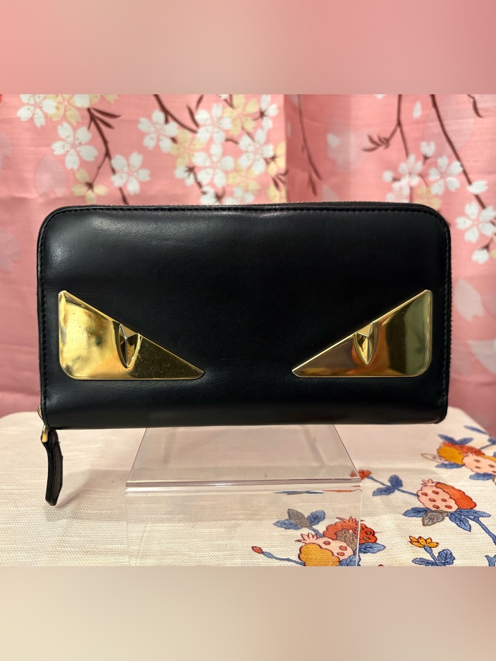 Fendi Bag Bugs Monster Eyes Zippy Wallet Black Gold Metal Eyes